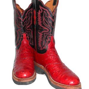 Lucchese 2000 Red & Black Full Quill Ostrich Crepe Sole Boots Size 7.5 B